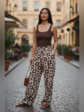 Marled Brown Cream Checkered Starburst Wide Leg Pants Size M Retro Boho